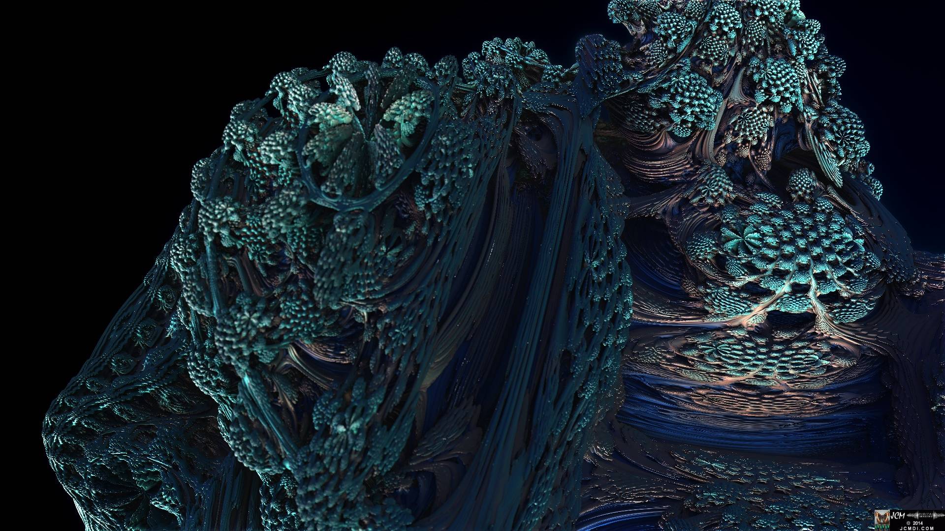Still image from the JCMDI video Blue Coral on YouTube, rendered with Mandelbulb 3D